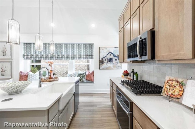 kitchen with light wood finished floors, light countertops, decorative backsplash, appliances with stainless steel finishes, and a sink