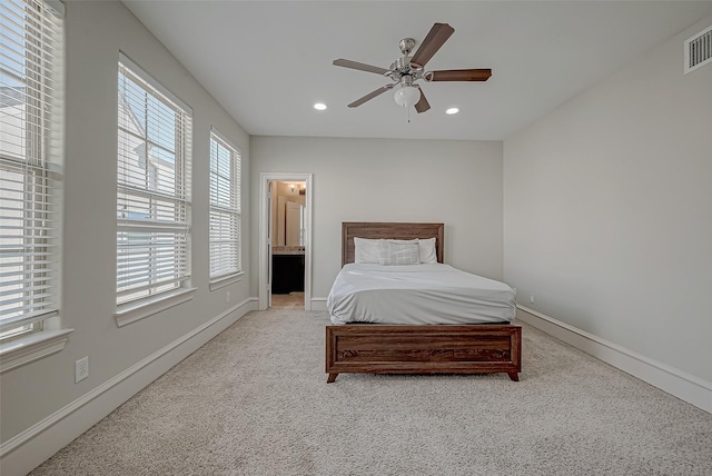 bedroom with carpet flooring, recessed lighting, and baseboards