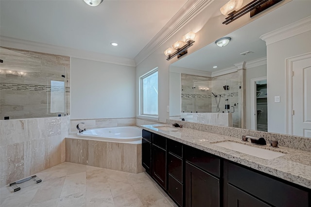 full bath with a garden tub, a sink, a shower stall, crown molding, and double vanity