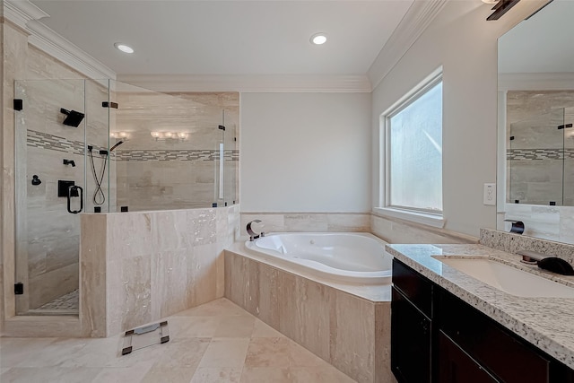 full bathroom with a stall shower, recessed lighting, crown molding, a bath, and vanity