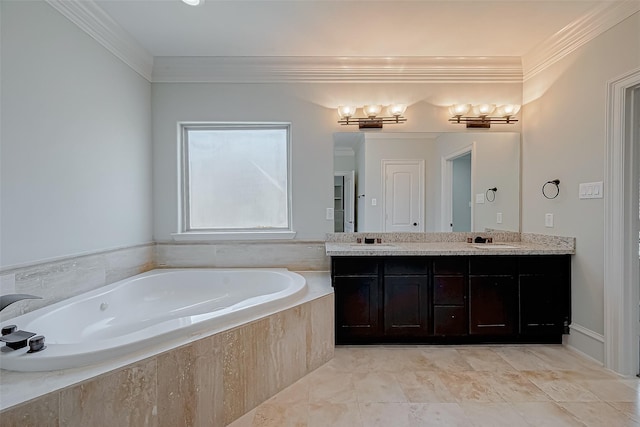 full bathroom with crown molding, a garden tub, double vanity, and a sink