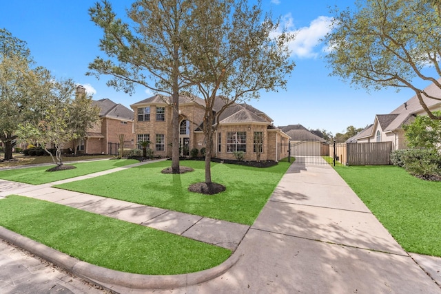 view of front of home featuring a front yard, a gate, fence, and brick siding