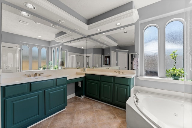 full bath with visible vents, a whirlpool tub, recessed lighting, tile patterned floors, and vanity