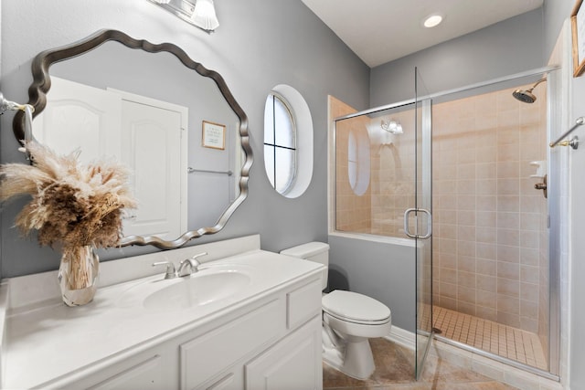 full bath with vanity, a shower stall, toilet, and tile patterned floors