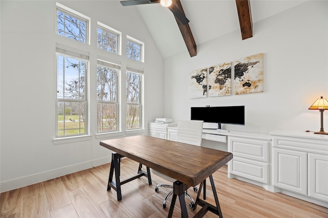 office space featuring beam ceiling, light wood-style floors, baseboards, and ceiling fan