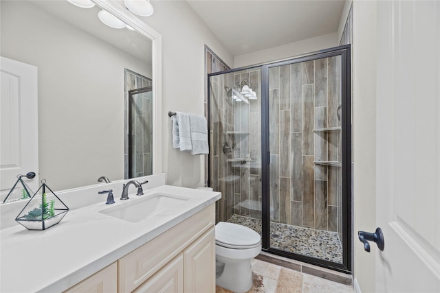 full bathroom with vanity, toilet, and a shower stall