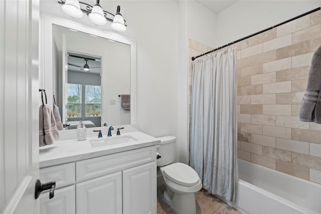 bathroom featuring toilet, shower / tub combo, tile patterned floors, vanity, and a ceiling fan