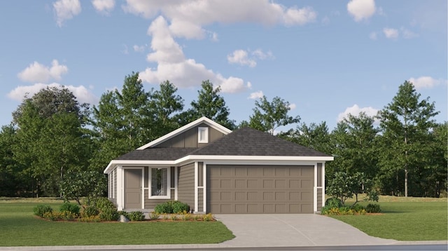 single story home featuring a front yard, concrete driveway, an attached garage, and roof with shingles