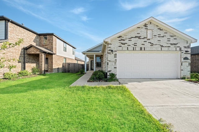 view of front facade featuring brick siding, an attached garage, concrete driveway, and a front lawn