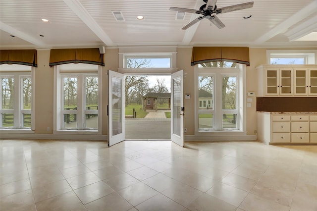 foyer featuring a wealth of natural light, wood ceiling, ceiling fan, and recessed lighting