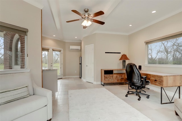 office with ceiling fan, baseboards, crown molding, and a wall unit AC