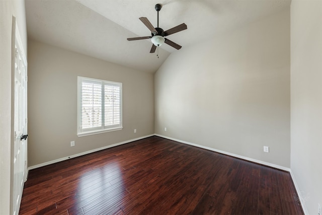 unfurnished room with ceiling fan, baseboards, and dark wood-style floors