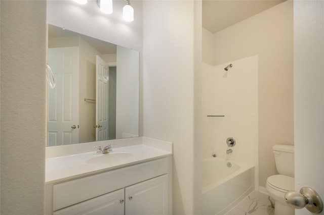 full bathroom with vanity, toilet, bathtub / shower combination, and marble finish floor