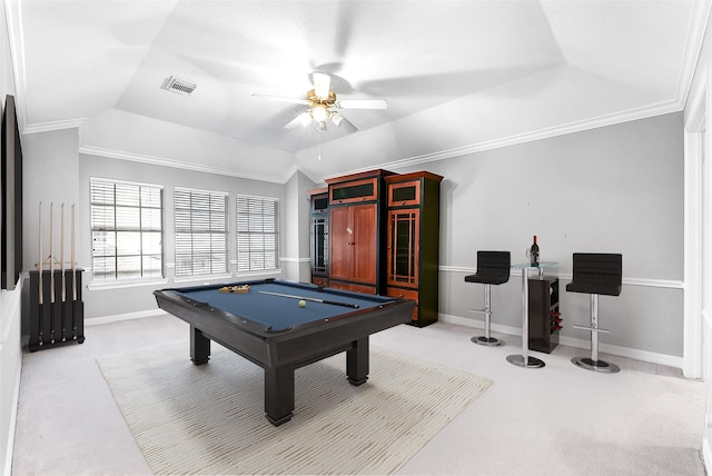 playroom featuring visible vents, light carpet, lofted ceiling, and a ceiling fan