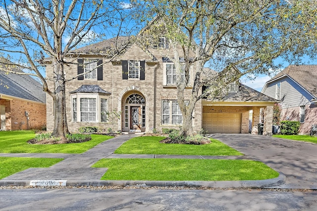 traditional-style house with driveway, brick siding, and a front lawn