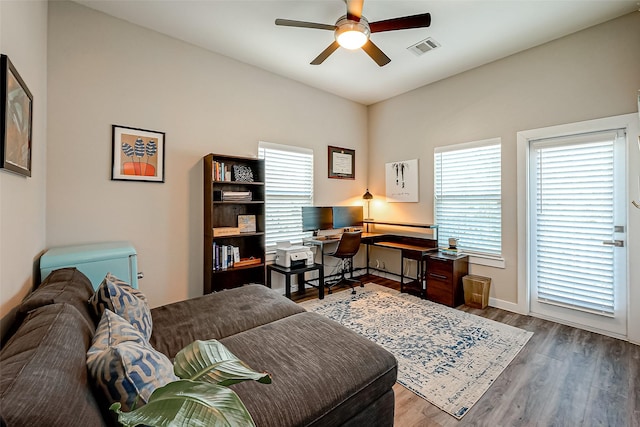 108 Bay Oaks Dr, La Porte, TX 77571 - office area with a wealth of natural light, visible vents, wood finished floors, and ceiling fan