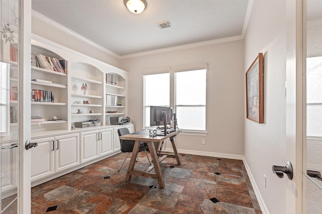 office space featuring crown molding, stone finish floor, baseboards, and visible vents