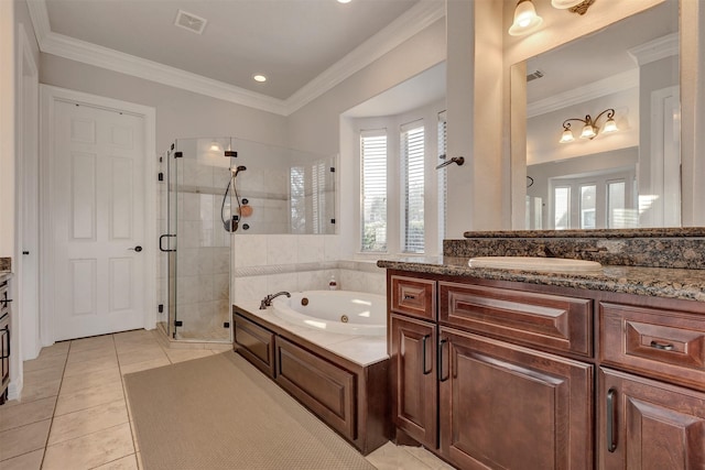 bathroom with visible vents, a stall shower, tile patterned flooring, crown molding, and a jetted tub