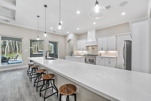 kitchen with visible vents, a sink, custom range hood, appliances with stainless steel finishes, and tasteful backsplash