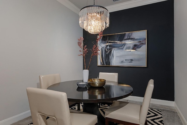 dining area featuring an inviting chandelier, crown molding, and baseboards