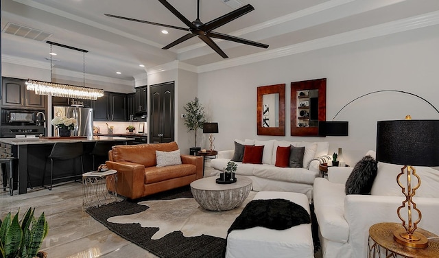 living area with crown molding, recessed lighting, visible vents, and ceiling fan