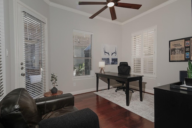 office with ceiling fan, dark wood-style floors, baseboards, and ornamental molding