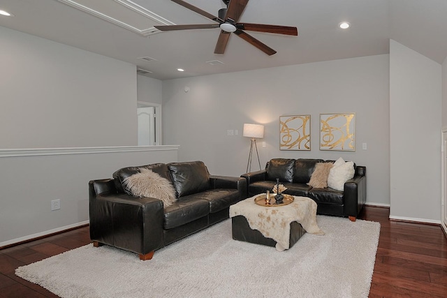 living room with recessed lighting, ceiling fan, baseboards, and wood finished floors