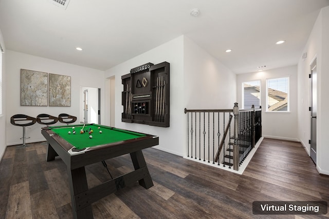 recreation room featuring recessed lighting, billiards, baseboards, and wood finished floors