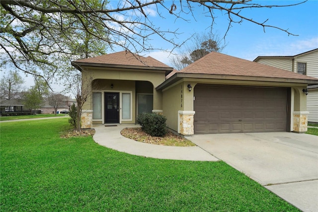 view of front of house with a front yard, an attached garage, stone siding, and stucco siding