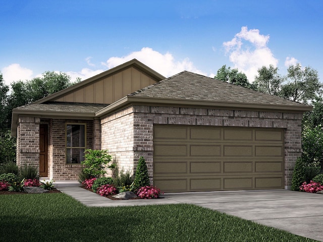 ranch-style house featuring brick siding, board and batten siding, driveway, and a shingled roof