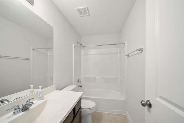 bathroom featuring vanity, visible vents, bathtub / shower combination, tile patterned floors, and toilet