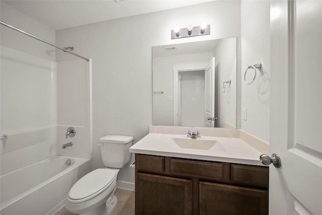 bathroom featuring vanity, visible vents, bathtub / shower combination, tile patterned floors, and toilet