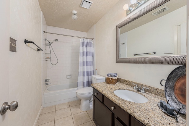 13930 Bonnercrest Dr, Houston, TX 77083 - bathroom with vanity, tile patterned flooring, toilet, shower / tub combo, and a textured ceiling