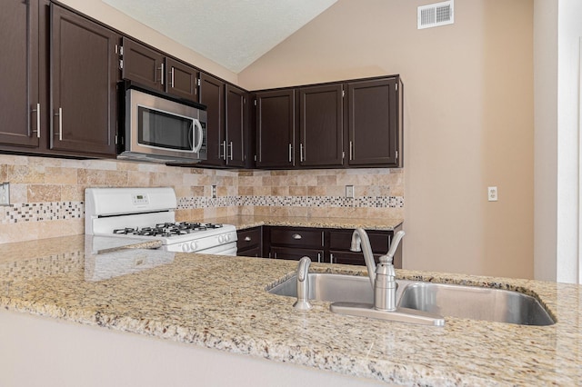 13930 Bonnercrest Dr, Houston, TX 77083 - kitchen with stainless steel microwave, white gas stove, a sink, lofted ceiling, and light stone countertops