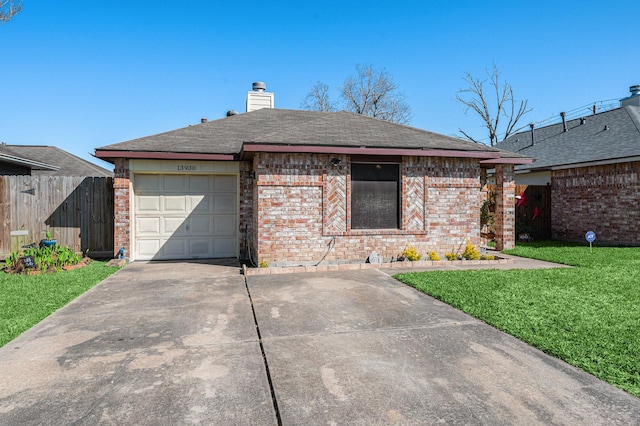 ranch-style house with a garage, brick siding, a front yard, and fence