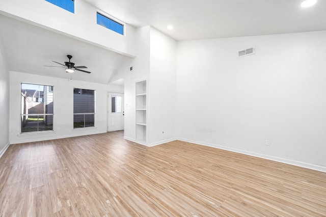unfurnished living room featuring visible vents, ceiling fan, light wood-style floors, baseboards, and built in features