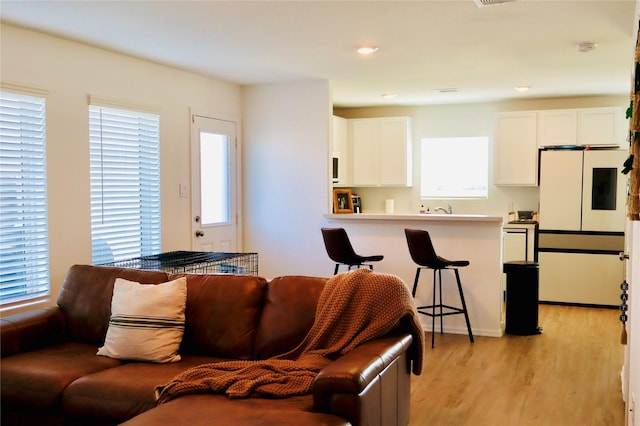 living area with light wood-style flooring and visible vents