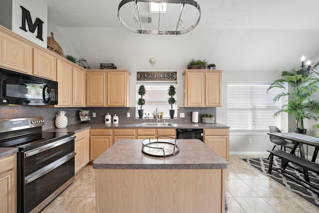 kitchen with black appliances, light brown cabinets, a sink, decorative backsplash, and vaulted ceiling