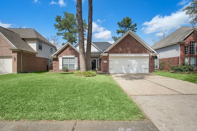 view of front of house featuring a front yard, concrete driveway, brick siding, and a garage