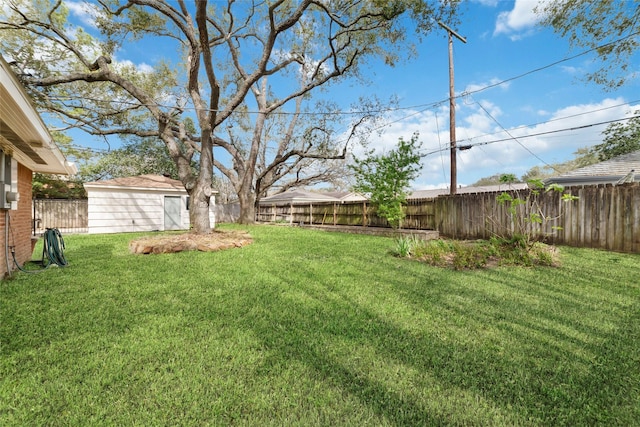 view of yard with a shed, an outdoor structure, and a fenced backyard