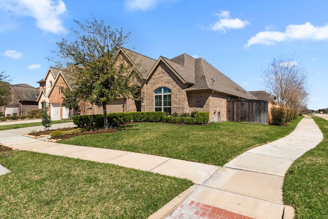 view of front of house featuring fence, driveway, a front lawn, a garage, and brick siding