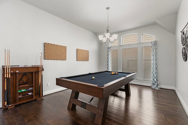 playroom with pool table, hardwood / wood-style flooring, baseboards, and a chandelier