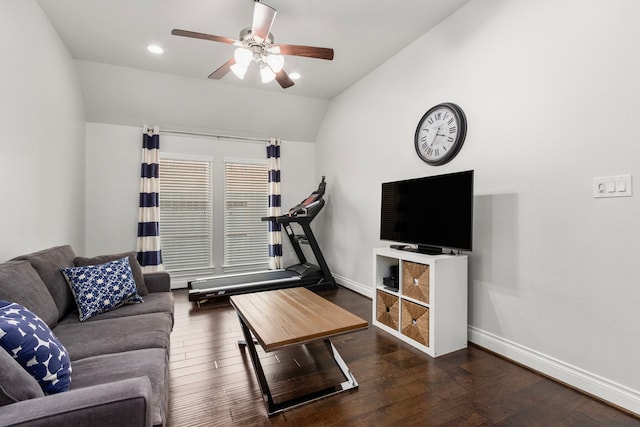 living area featuring a ceiling fan, baseboards, recessed lighting, vaulted ceiling, and wood-type flooring