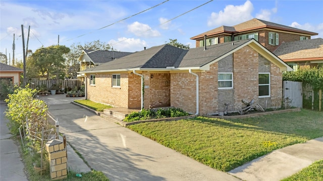 view of property exterior featuring a yard, fence, brick siding, and a shingled roof