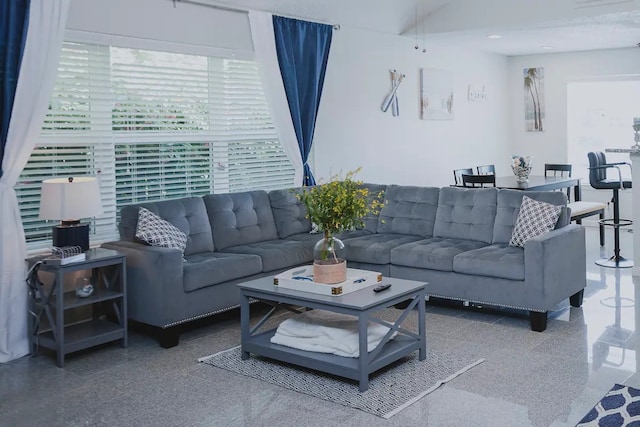 living room featuring speckled floor