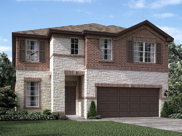 view of front facade with driveway, stone siding, an attached garage, a shingled roof, and brick siding