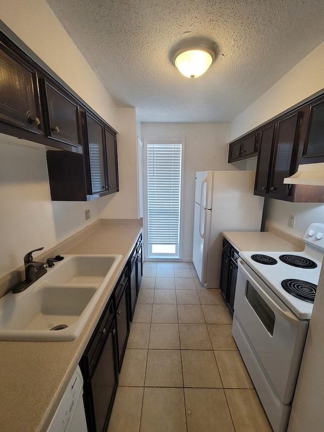 kitchen featuring under cabinet range hood, white appliances, light countertops, and a sink