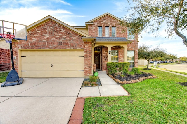 traditional-style home with a front yard, an attached garage, brick siding, and driveway