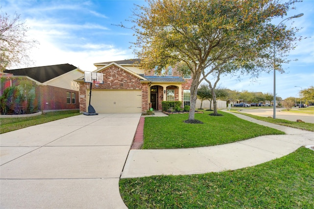 view of front facade with brick siding, an attached garage, concrete driveway, and a front yard