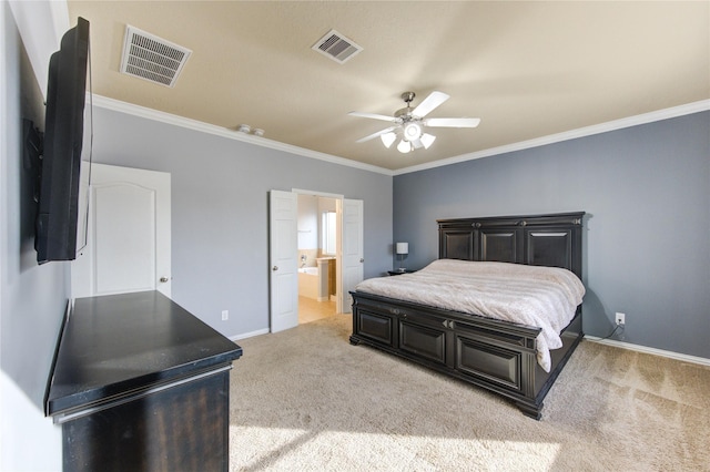 bedroom with visible vents, baseboards, light colored carpet, and ornamental molding